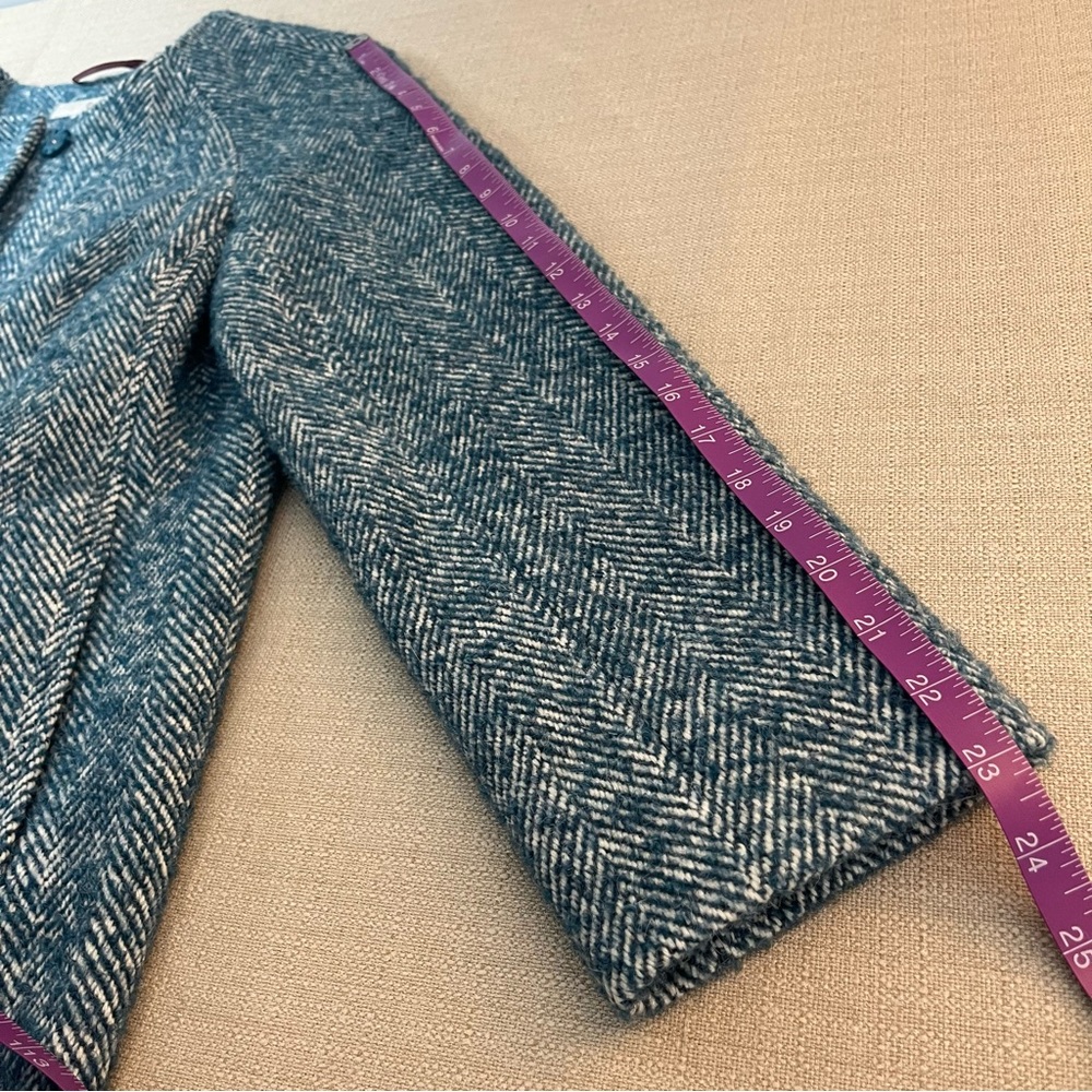 Boden Wool Alpaca Herringbone Coat Teal Blue Collarless Raglan Sleeve Size 8P - Picture 13 of 13